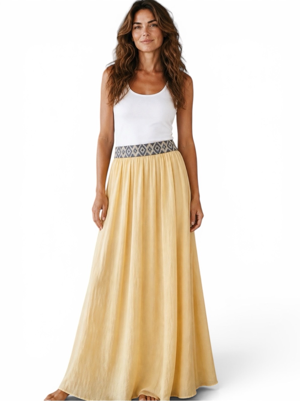 Valerie Stevens Boho Printed Elastic Waist Silk Blend Maxi Skirt Yellow XL